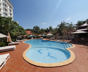 Outdoor pool, pool umbrellas, pool loungers