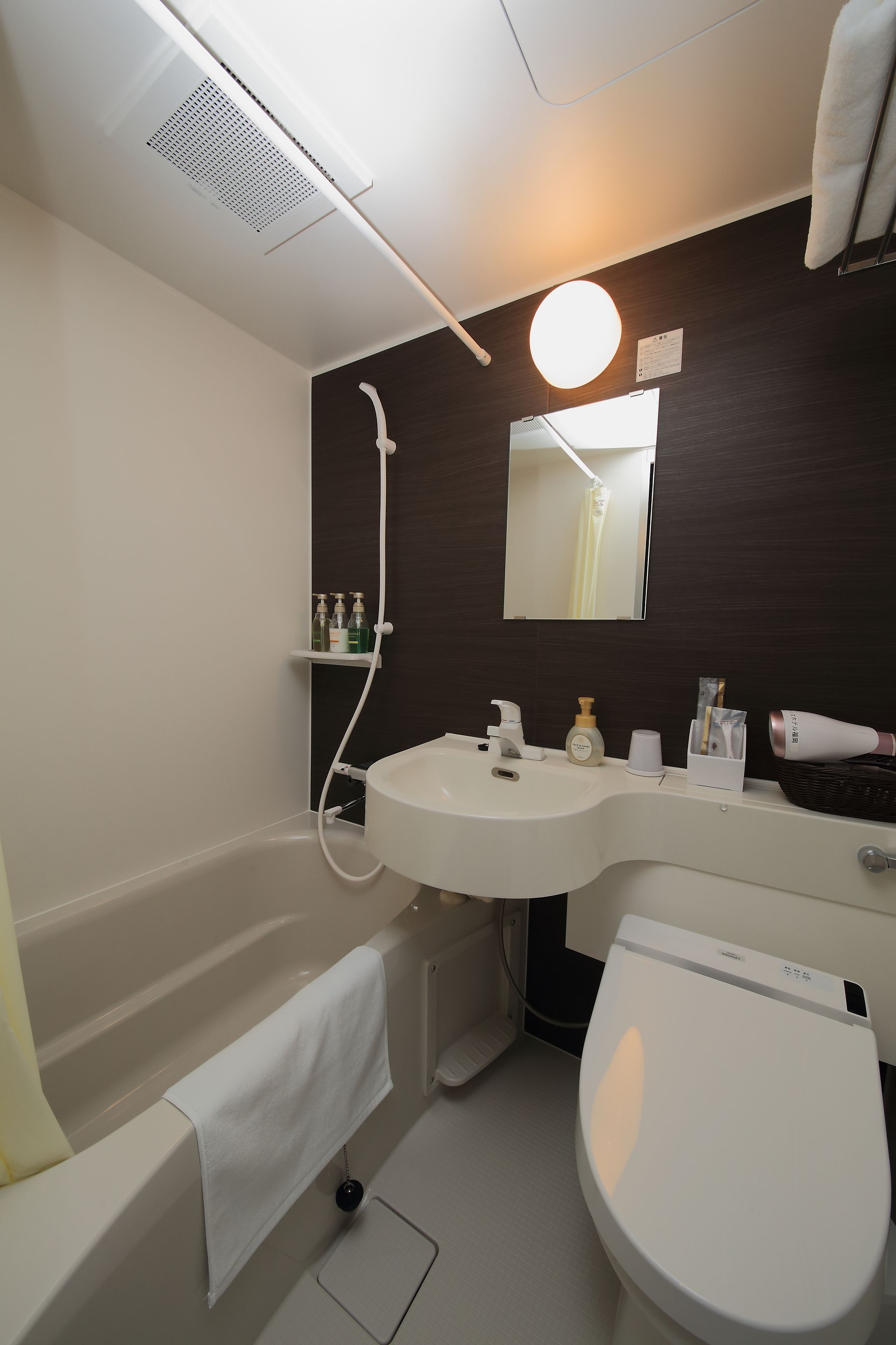 combined shower/bathtub, free toiletries, hair dryer, slippers