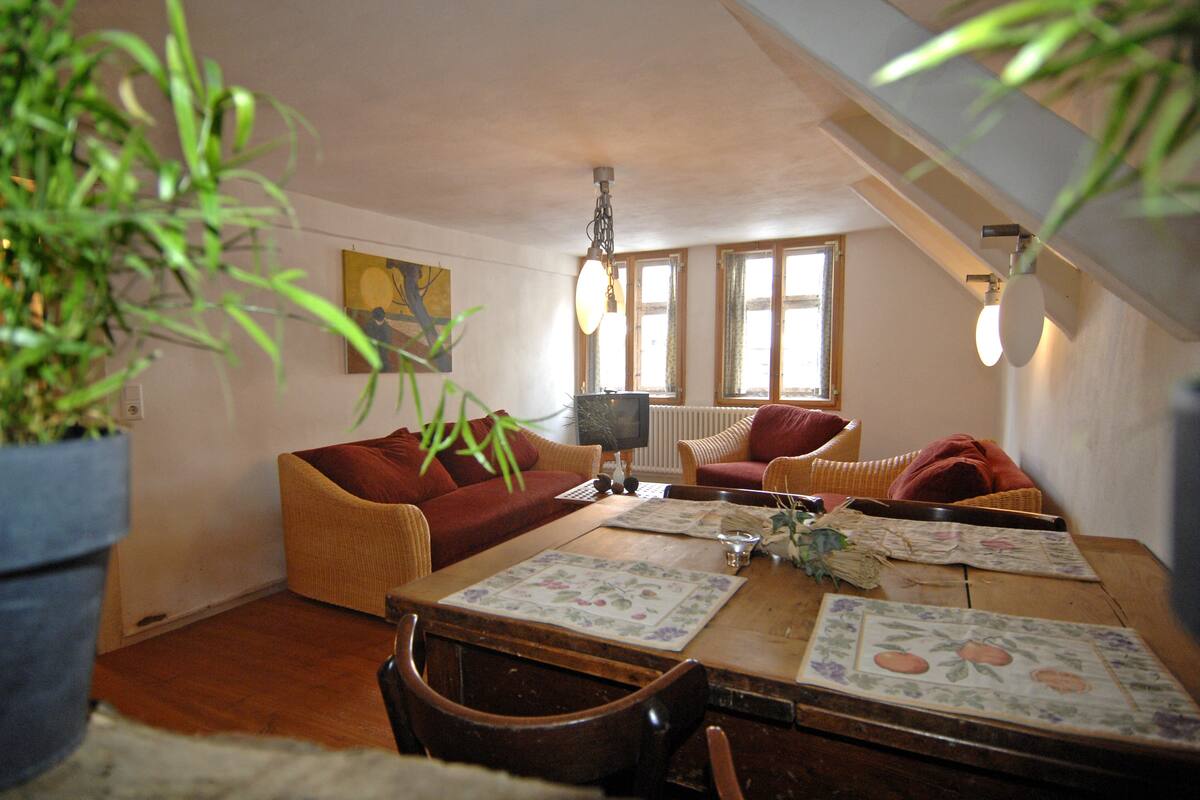 A cozy living room with a wooden dining table, two wicker sofas, a potted plant, and a painting on the wall.
