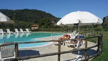 Seasonal outdoor pool, pool umbrellas, pool loungers