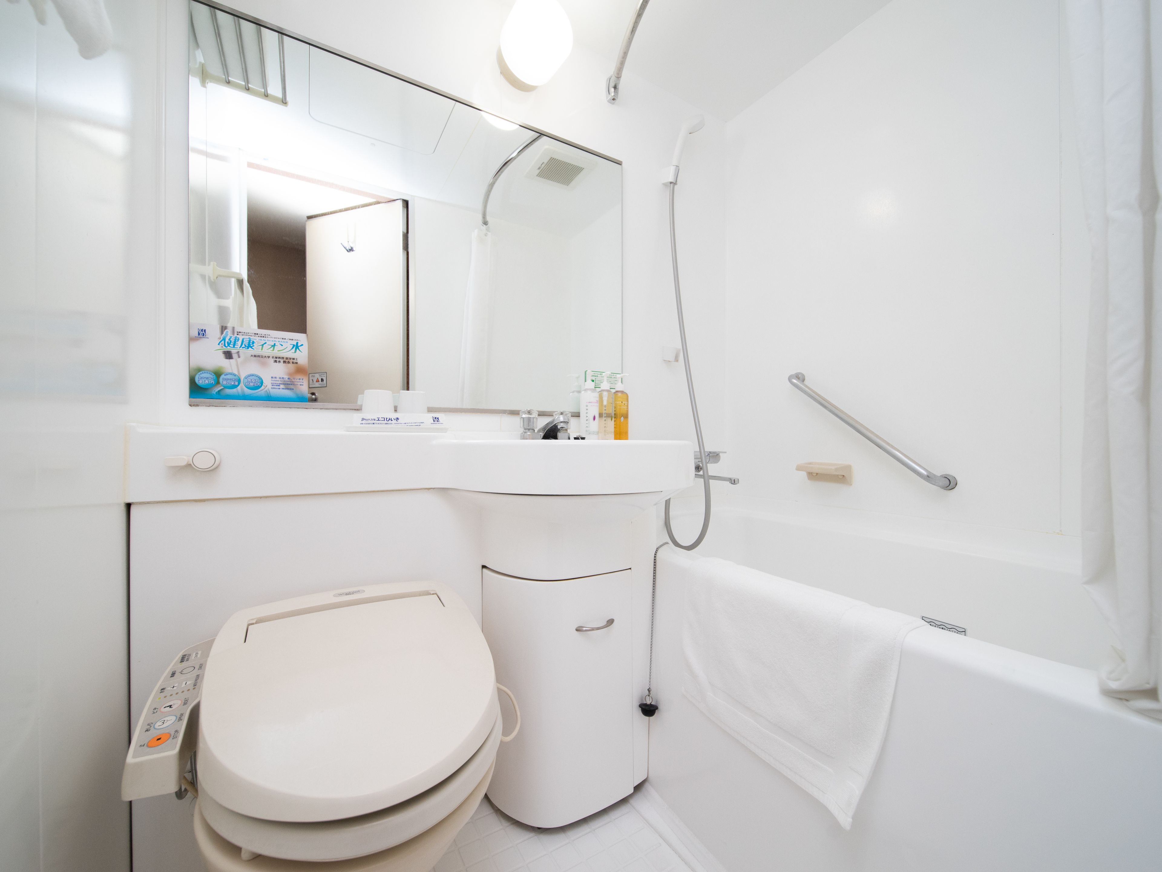 combined shower/bathtub, free toiletries, hair dryer, slippers