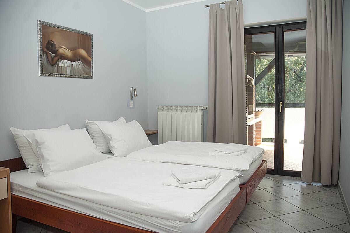 Habitación de hotel con dos camas, un radiador, un cuadro en la pared y vistas a través de la puerta de cristal.