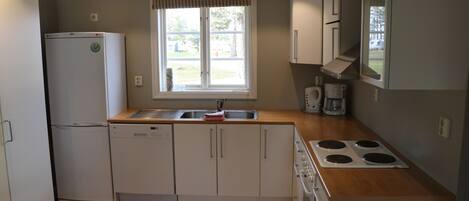 A compact kitchen with a refrigerator, dishwasher, stove, and a window providing natural light.