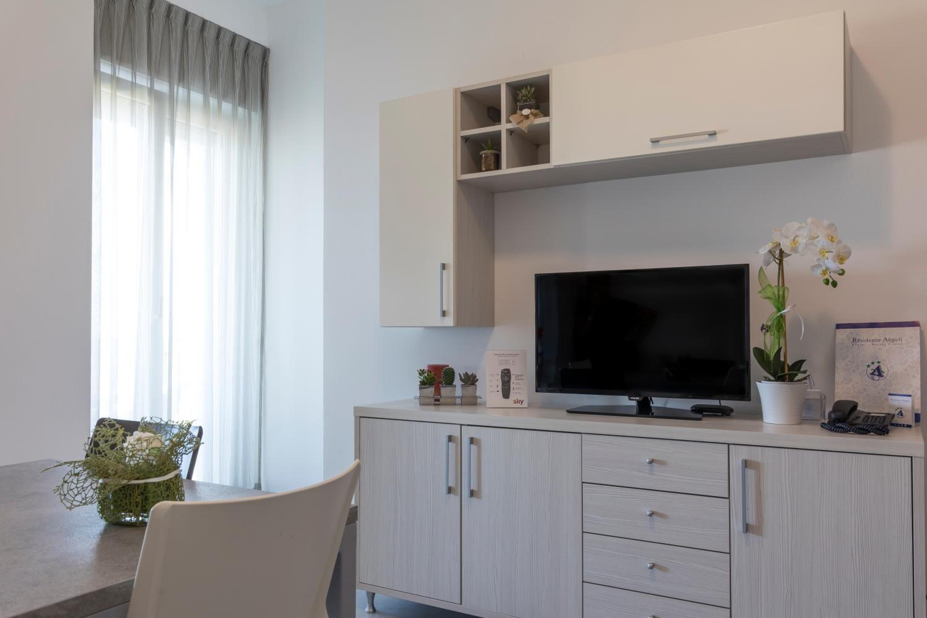 Un salon moderne avec un téléviseur à écran plat, un meuble avec des tiroirs, une petite plante et un vase rempli de fleurs.