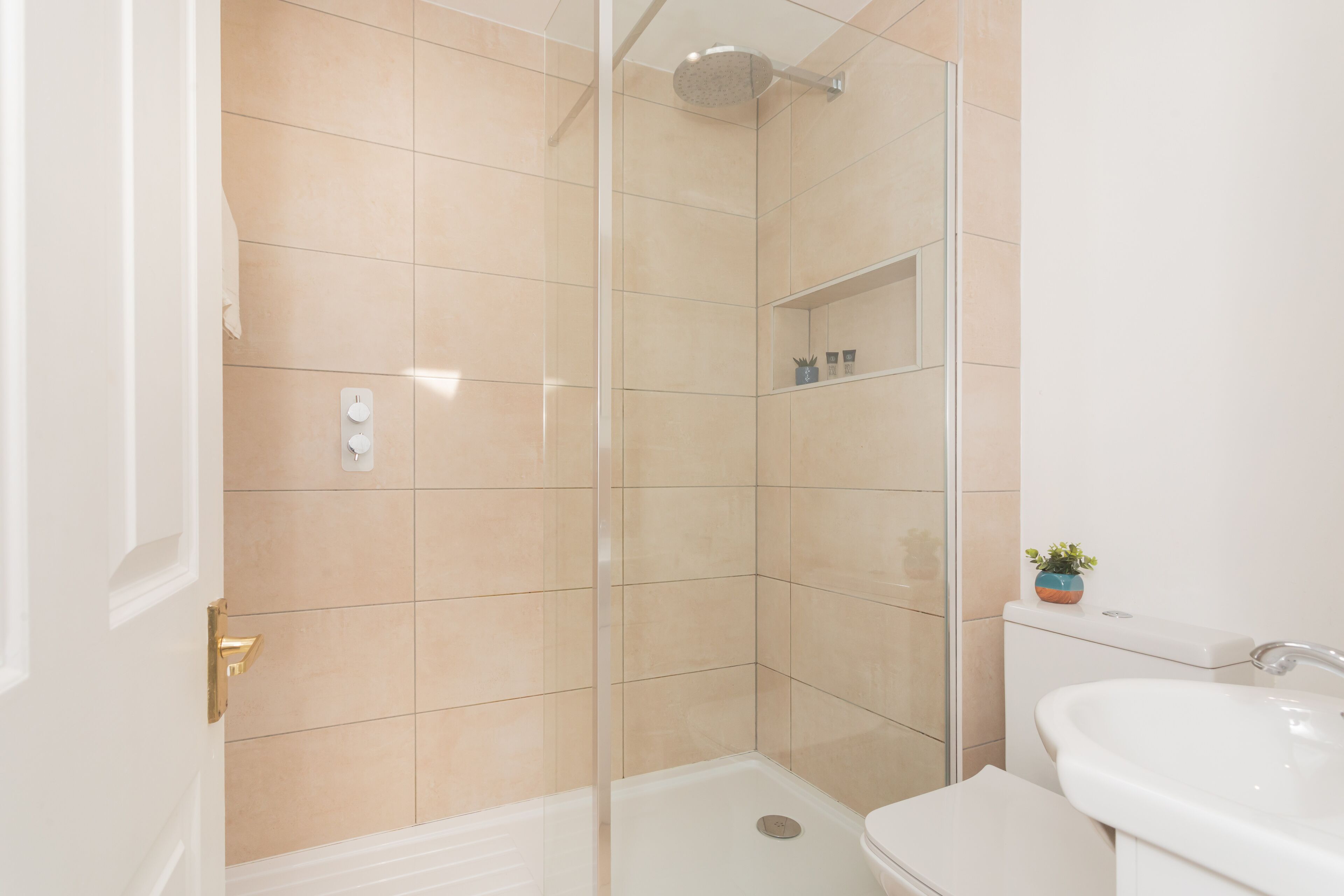 Un baño con cabina de ducha de vidrio, un lavabo blanco y una pequeña planta en maceta sobre el radiador.