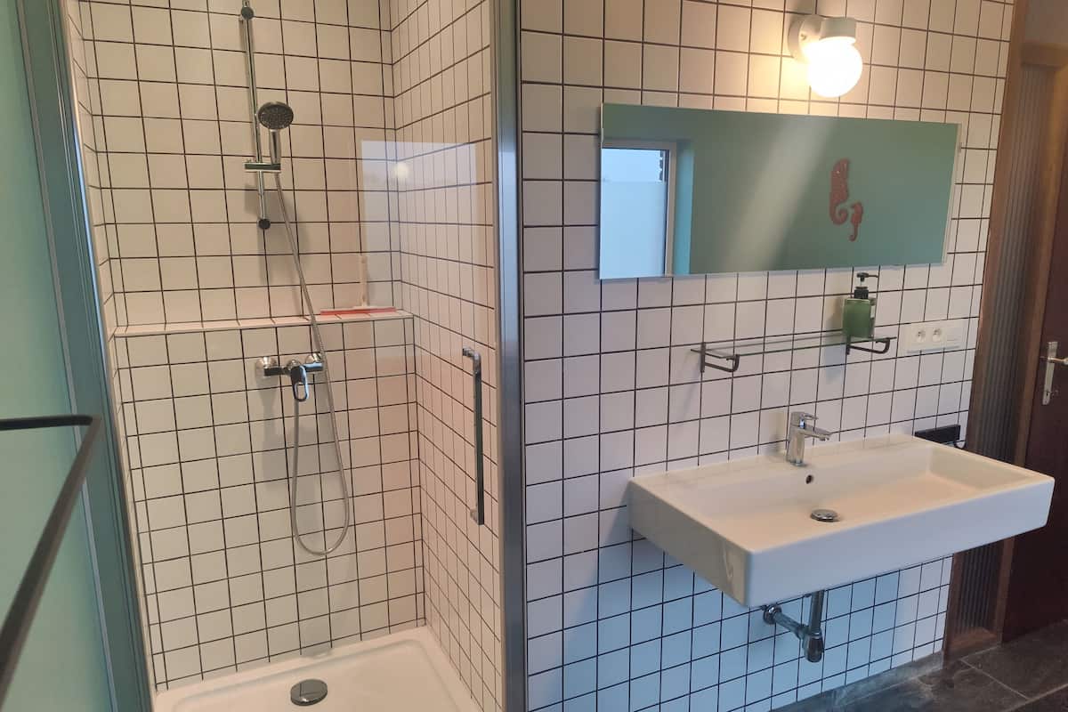 Un baño con ducha, lavamanos y espejo.