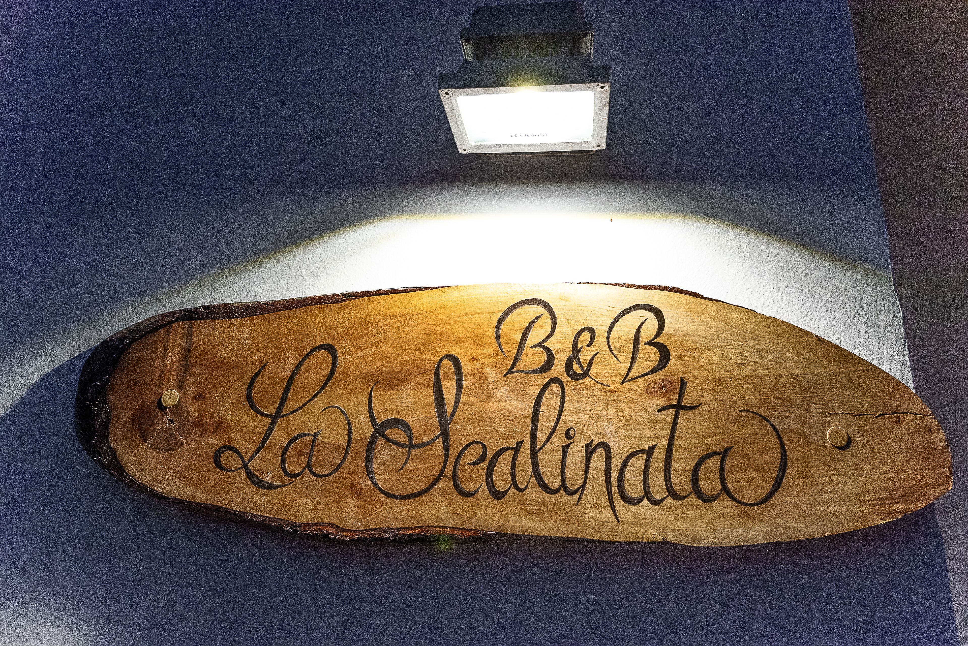Ein Holzschild mit der eingravierten Aufschrift "B&B La Sedinata", beleuchtet von einer Deckenleuchte.