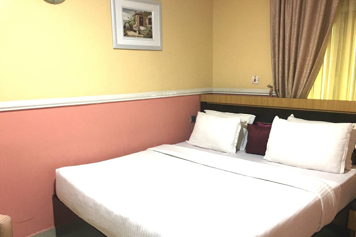 Une chambre d’hôtel avec un lit, un tableau au mur et une fenêtre avec des rideaux.