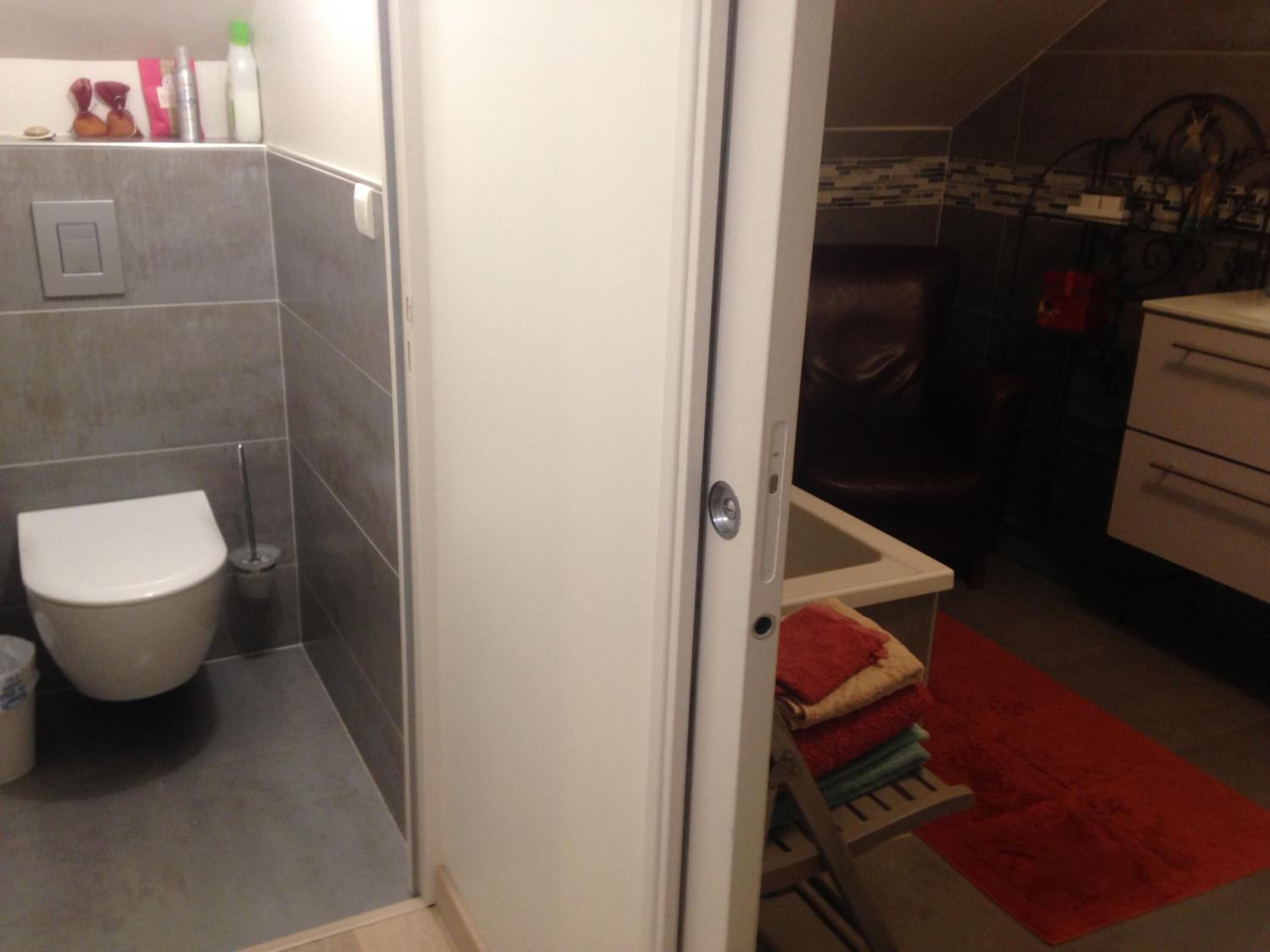 Un baño con inodoro, zona de ducha e lavabo.