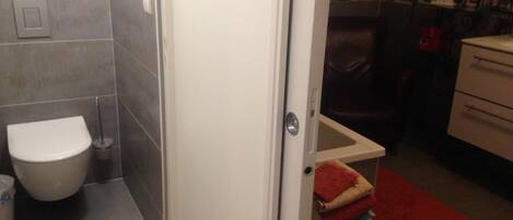 A bathroom with a toilet, a shower area, and a sink.