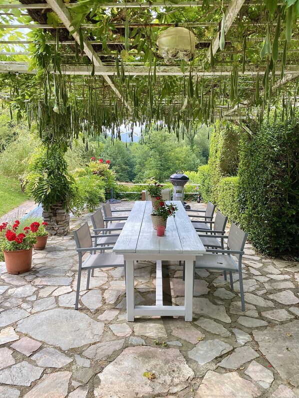 An outdoor patio with a stone floor, a wooden table, and chairs. There are potted plants and a hanging light fixture.