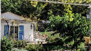 Een rustiek huis met een stenen muur en een blauwe deur, omringd door weelderig groen en een overvloed aan walnoten op de grond.