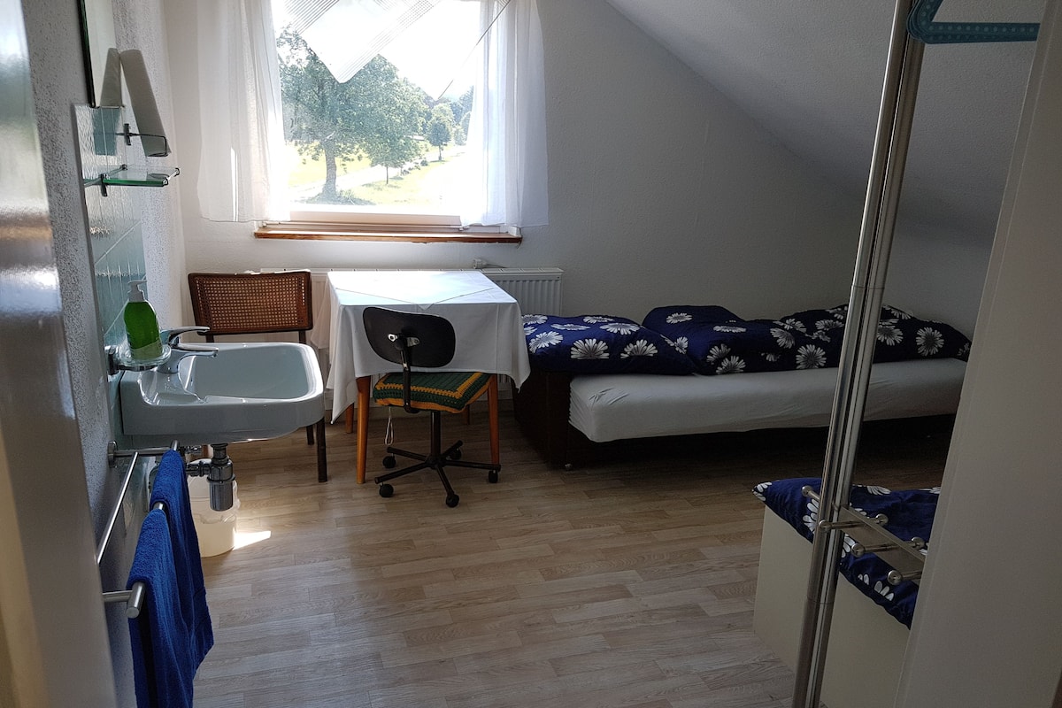 Ein kleines Zimmer mit Waschbecken, Stuhl, Tisch und Bett.