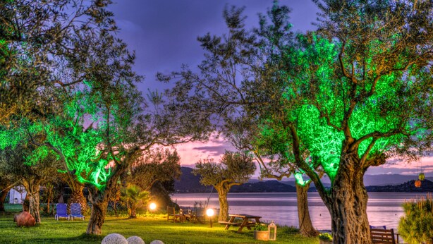 A lakeside park at dusk with illuminated trees, benches, and a picnic table. - Anna Karra Studios & Apartments (Sithonia)