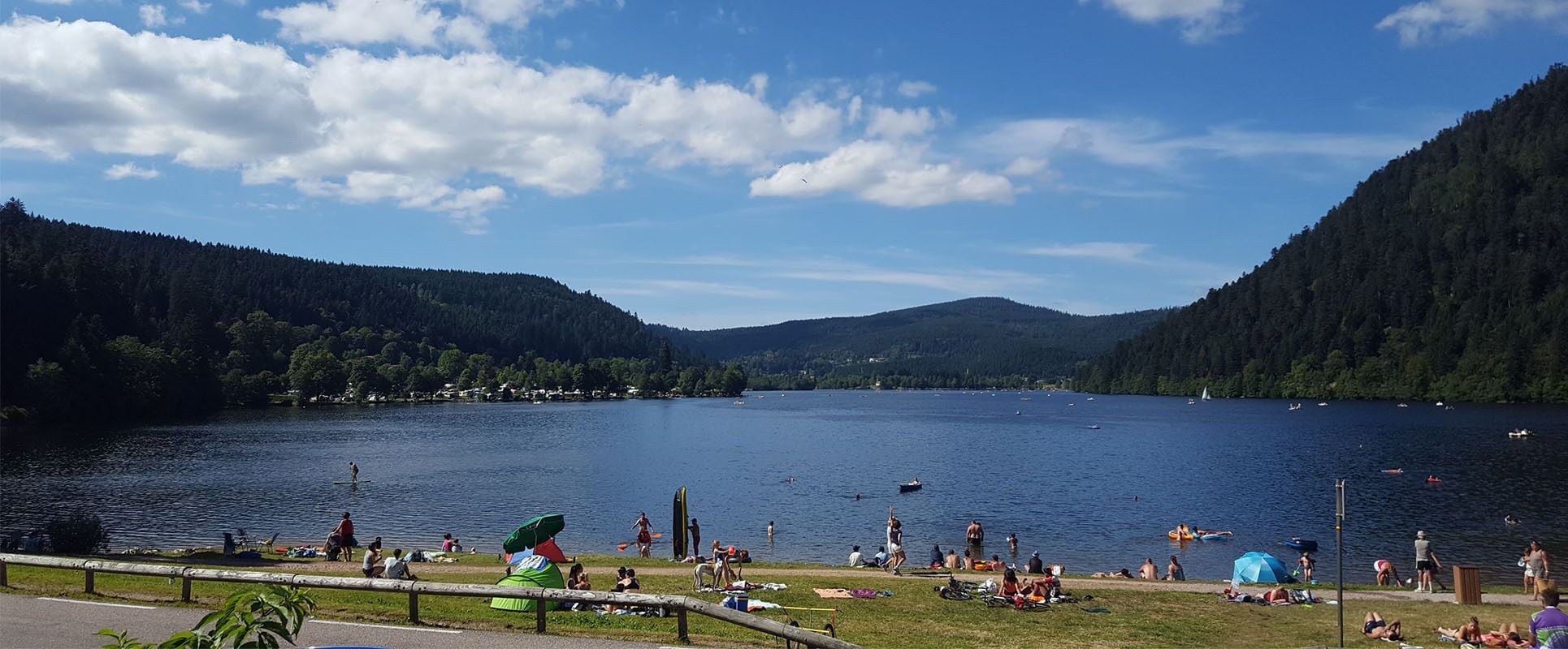 Vista de un lago con un espacio verde, una cerca de madera y cielo despejado.