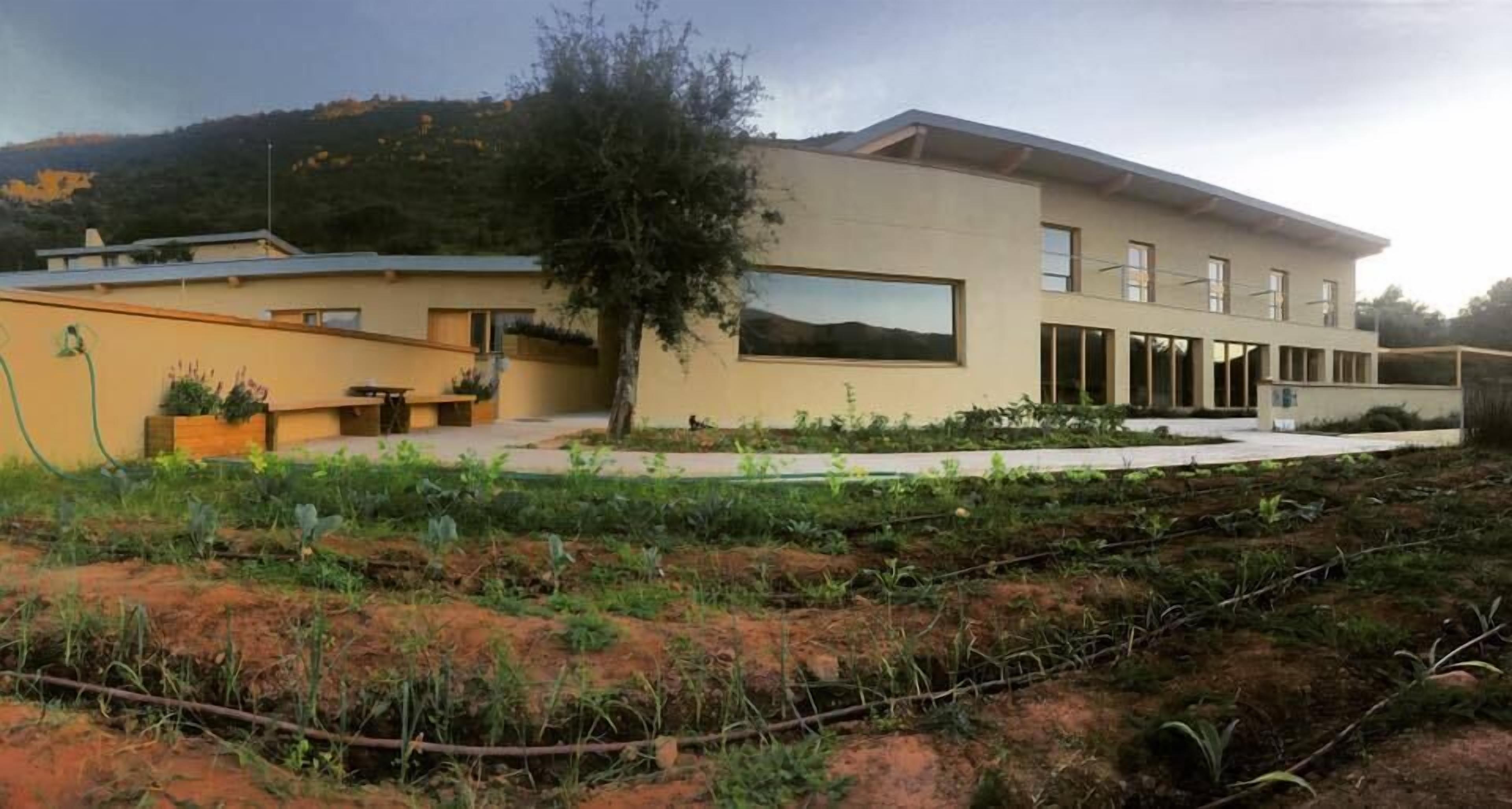 A modern two-story house with a large window and a garden in front.