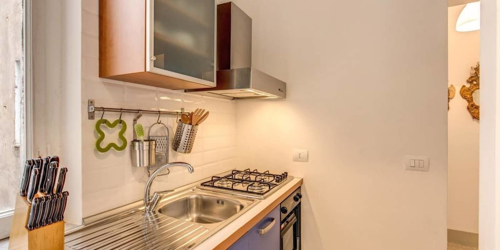 Cocina compacta con estufa a gas, pileta de acero inoxidable y extractor moderno.
