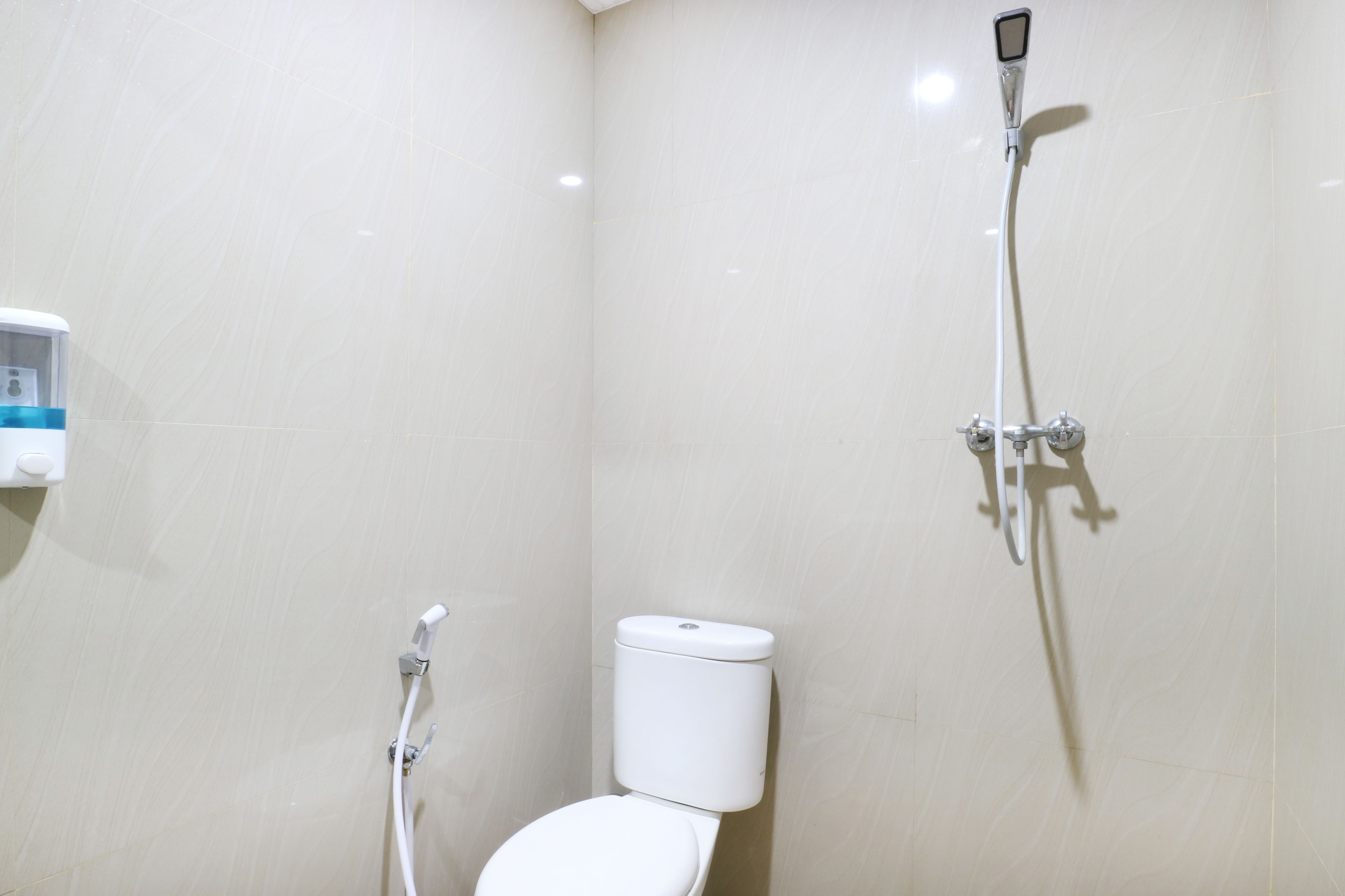 Une petite salle de bain moderne équipée de toilettes, d’un pommeau de douche à main et d’un robinet mural.