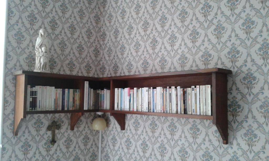 A corner bookshelf with books and a statue.