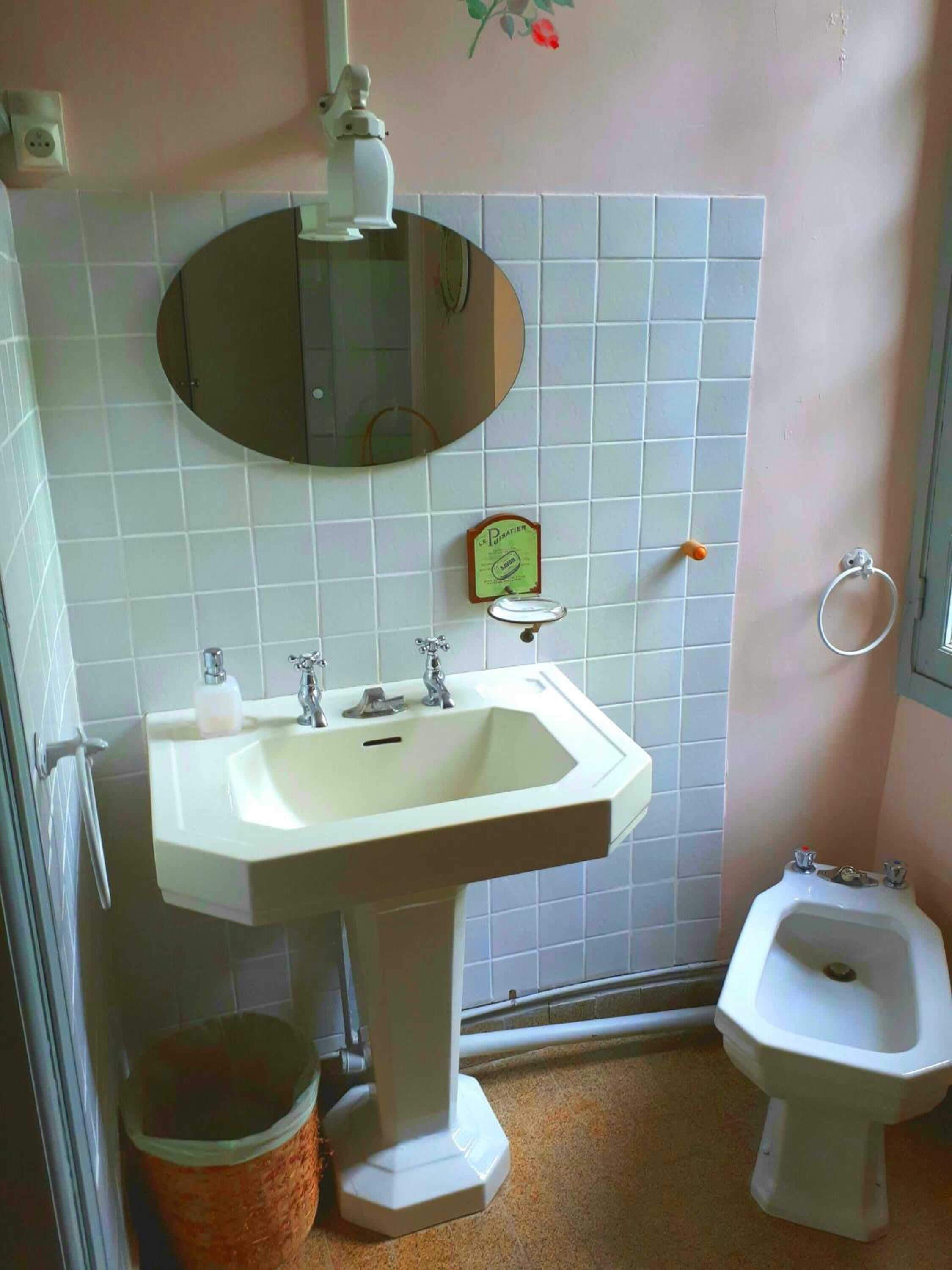 Une salle de bain avec un lavabo sur colonne, un miroir au-dessus, des toilettes et une poubelle.