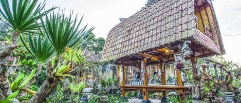 A traditional wooden structure with a tiled roof, surrounded by various potted plants and a sign indicating "Rooms, Pool".