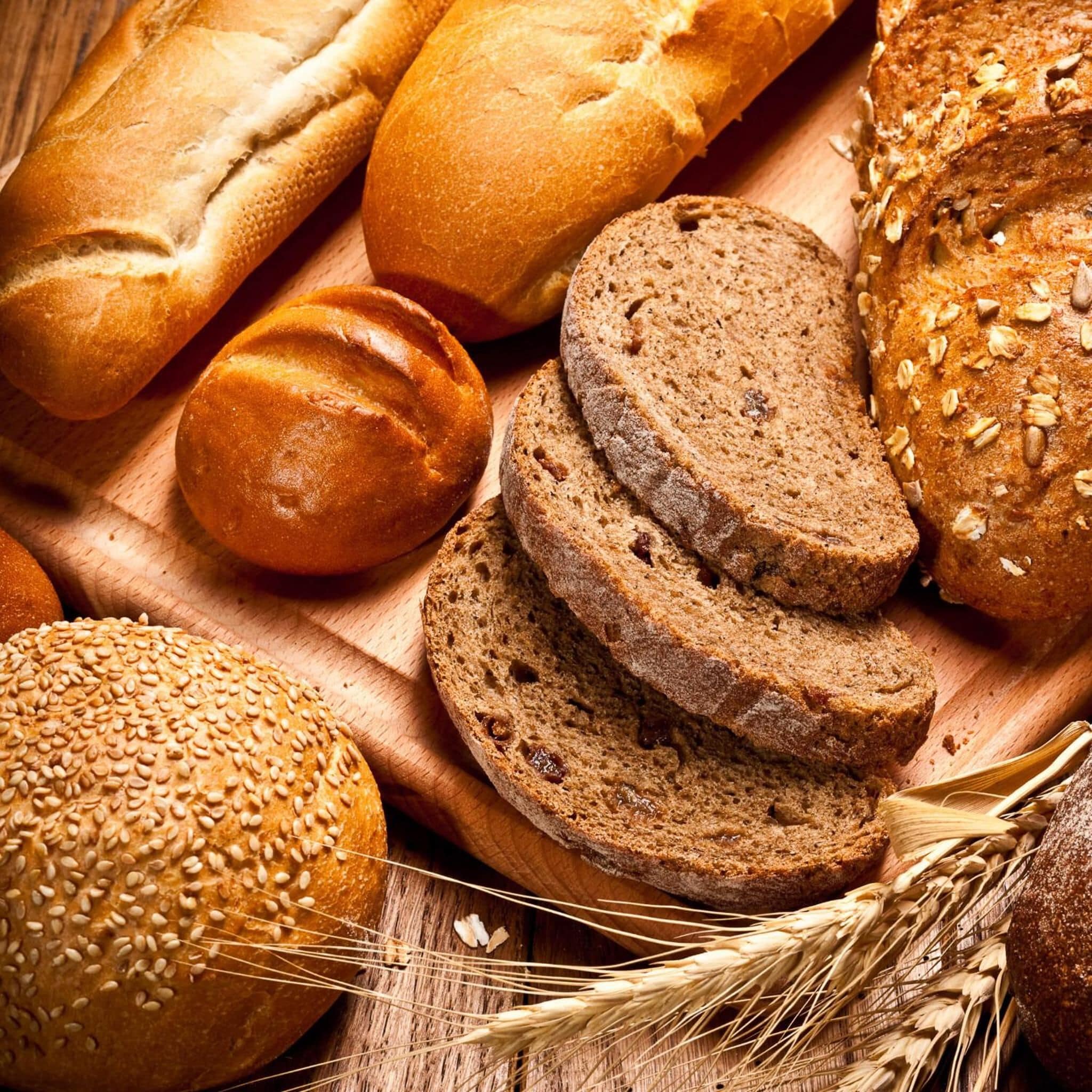 Various types of bread and wheat.