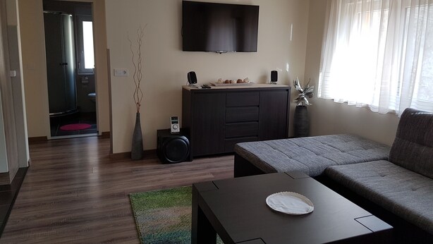 A modern living room with a flat-screen TV mounted on the wall, a dark wooden cabinet, a grey sofa, and a coffee table with a plate on it. - Haus Alpenblick Mölltal (Flattach)