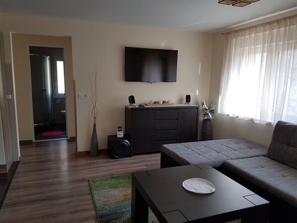 Appartement, 4 chambres | Salle de séjour | Télévision à écran plat