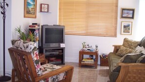 A living room with a television, a sofa, a chair, a small table, and a bookshelf.