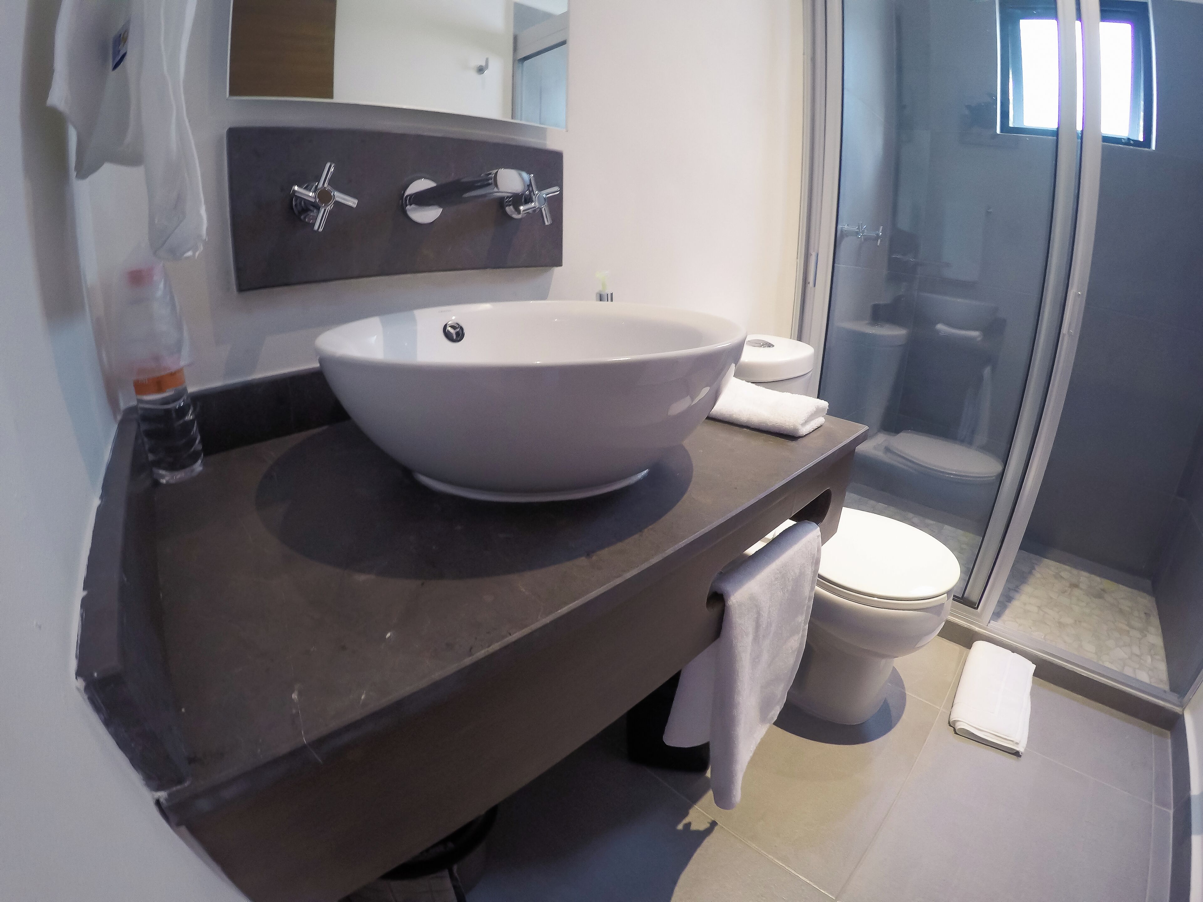 shower, rainfall showerhead, free toiletries, hair dryer