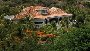 Una casa amb teulada ceràmica, envoltada de vegetació exuberant i palmeres.