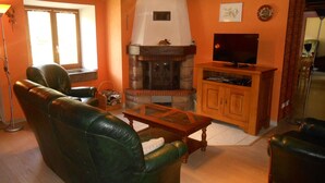 A cozy living room with a fireplace, leather sofas, a television, and wooden cabinets. - House / Villa - LA BRESSE (La Bresse)