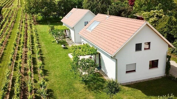 A white building with a red roof, surrounded by a vineyard. - Riesling cottage for 2 to 8 people, ideal for families,  (Rouffach)
