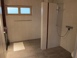 Shower, hair dryer, towels, toilet paper