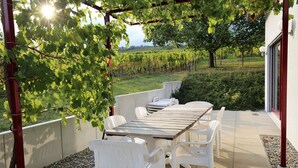 An outdoor patio with a wooden table and white plastic chairs, overlooking a vineyard. - Riesling cottage for 2 to 8 people, ideal for families,  (Rouffach)