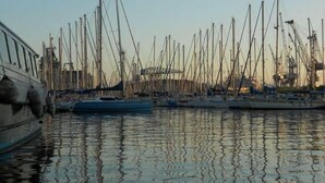 Un porto turistico con numerose imbarcazioni ormeggiate, riflesse in acque calme.