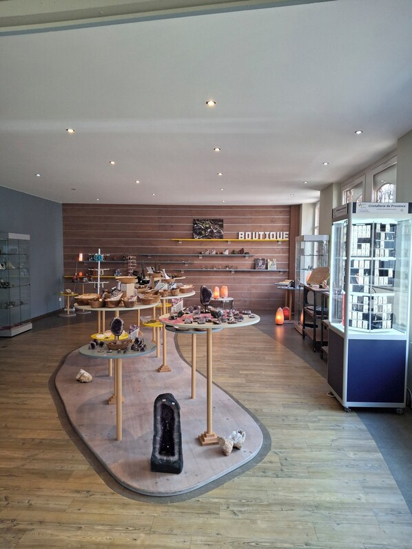 Een hotelkamer in boutique-stijl met houten vloeren, ronde tafels met diverse objecten en een vitrine met sieraden.