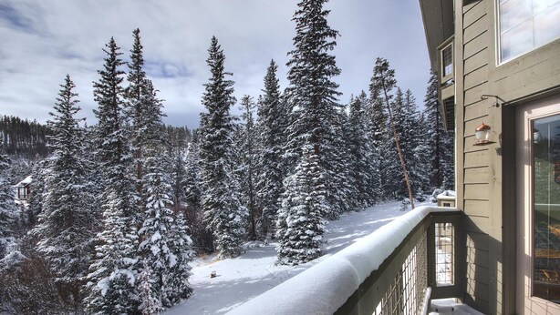 Een sneeuwbedekt balkon met uitzicht op een bos van hoge altijdgroene bomen.