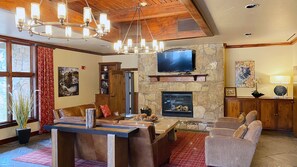 Smart TV, fireplace, DVD player, music library