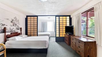 Una camera d'hotel con un letto, una televisione, un comò e vista sul verde.