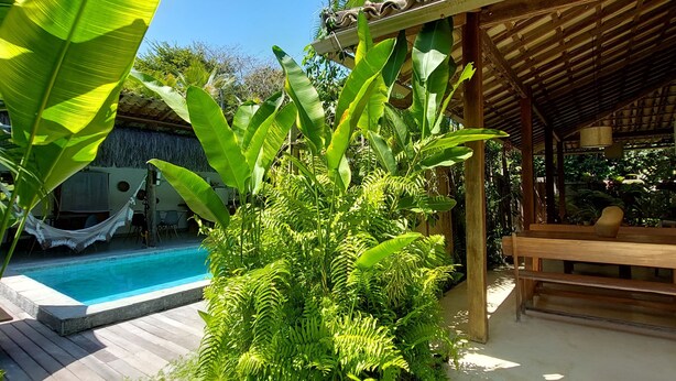 Un área junto a la piscina con una pérgola de madera, abundante vegetación y una estructura con techo de paja.