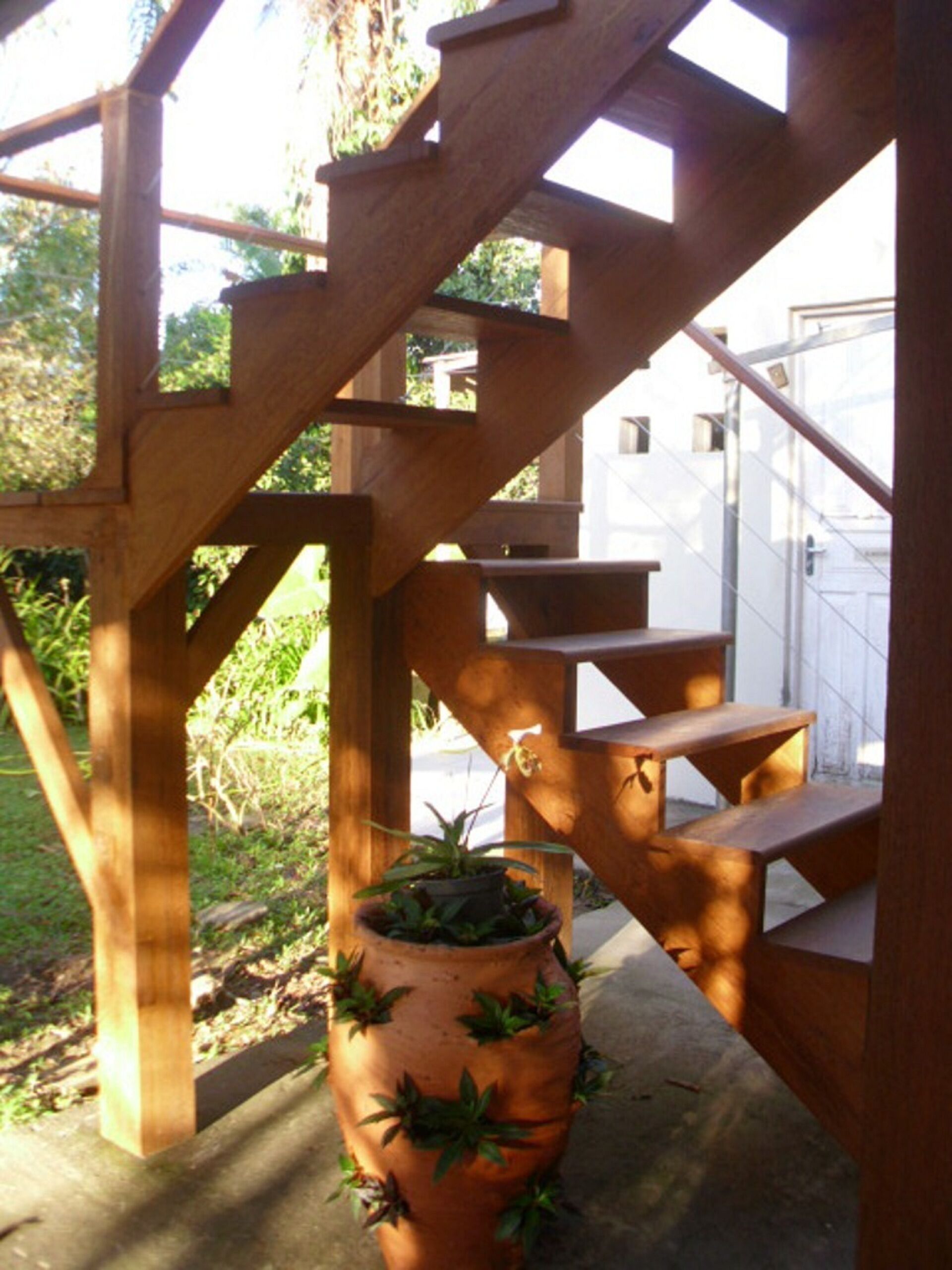 Eine Holztreppe mit einem Terrakottatopf und Pflanzen am Fuß.