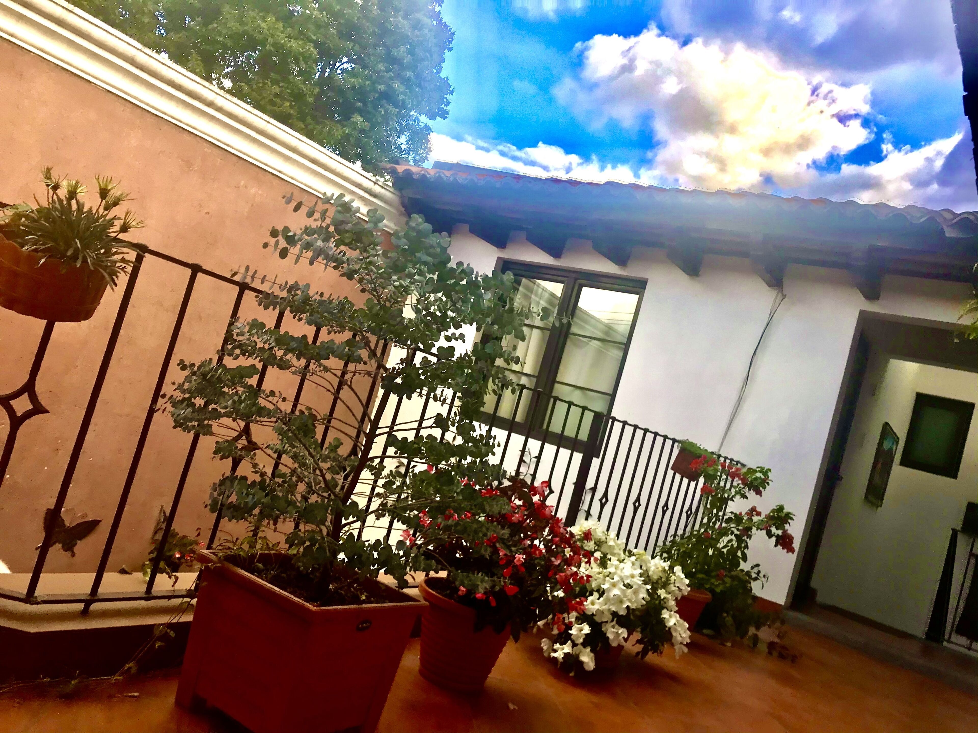 Ein Balkon mit Blumentöpfen und Blick auf ein Gebäude mit einem Ziegeldach.