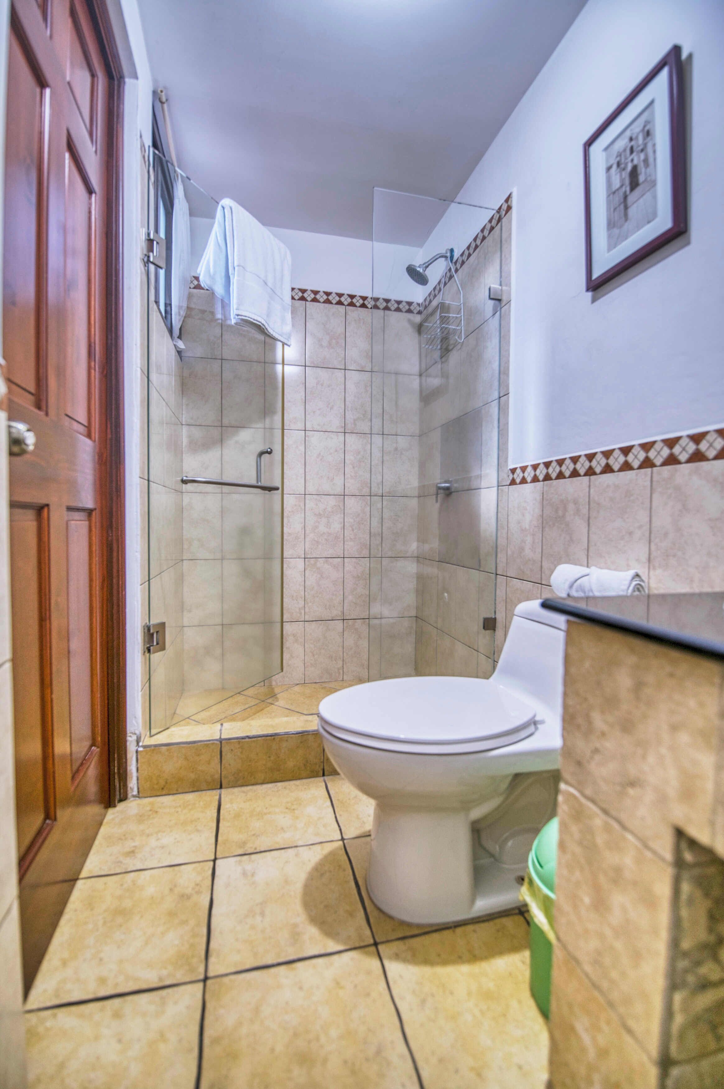 Un baño con ducha, inodoro y toallero.