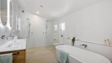 Shower, hair dryer, towels, toilet paper