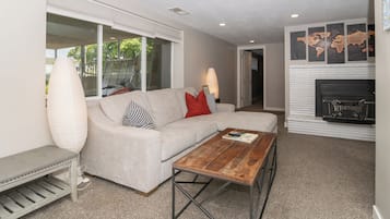 Smart TV, fireplace, Hulu, books