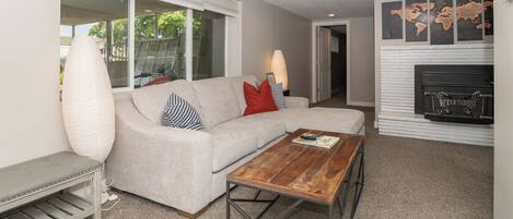 Smart TV, fireplace, Hulu, books