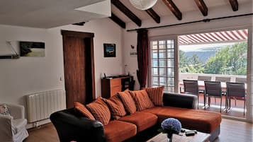 Smart TV, fireplace, books, stereo