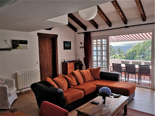 TV connectée, cheminée, livres, chaßne hi-fi