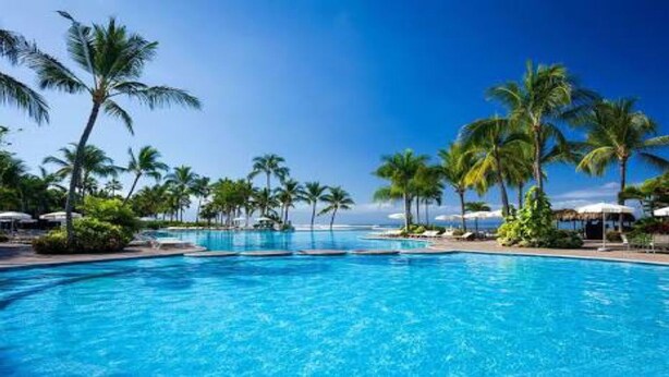 Una amplia piscina al aire libre rodeada de palmeras y sombrillas, bajo un cielo azul despejado.